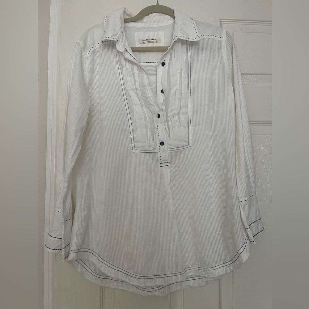 We The Free White Blouse with Black Stitching